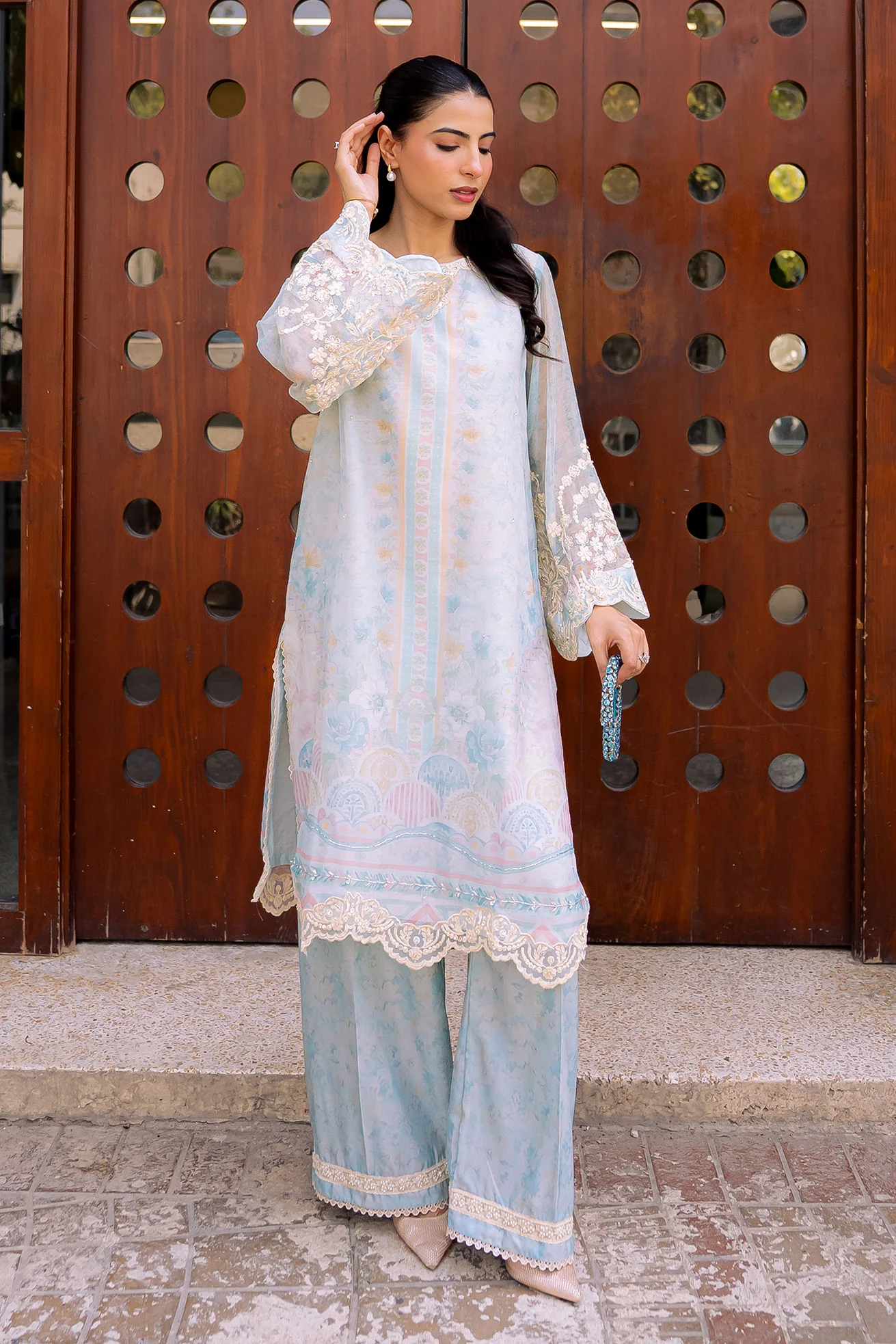 DHANAK FW25DA-2858 SKY BLUE 2PCS EMBROIDERED KURTA WITH TROUSER