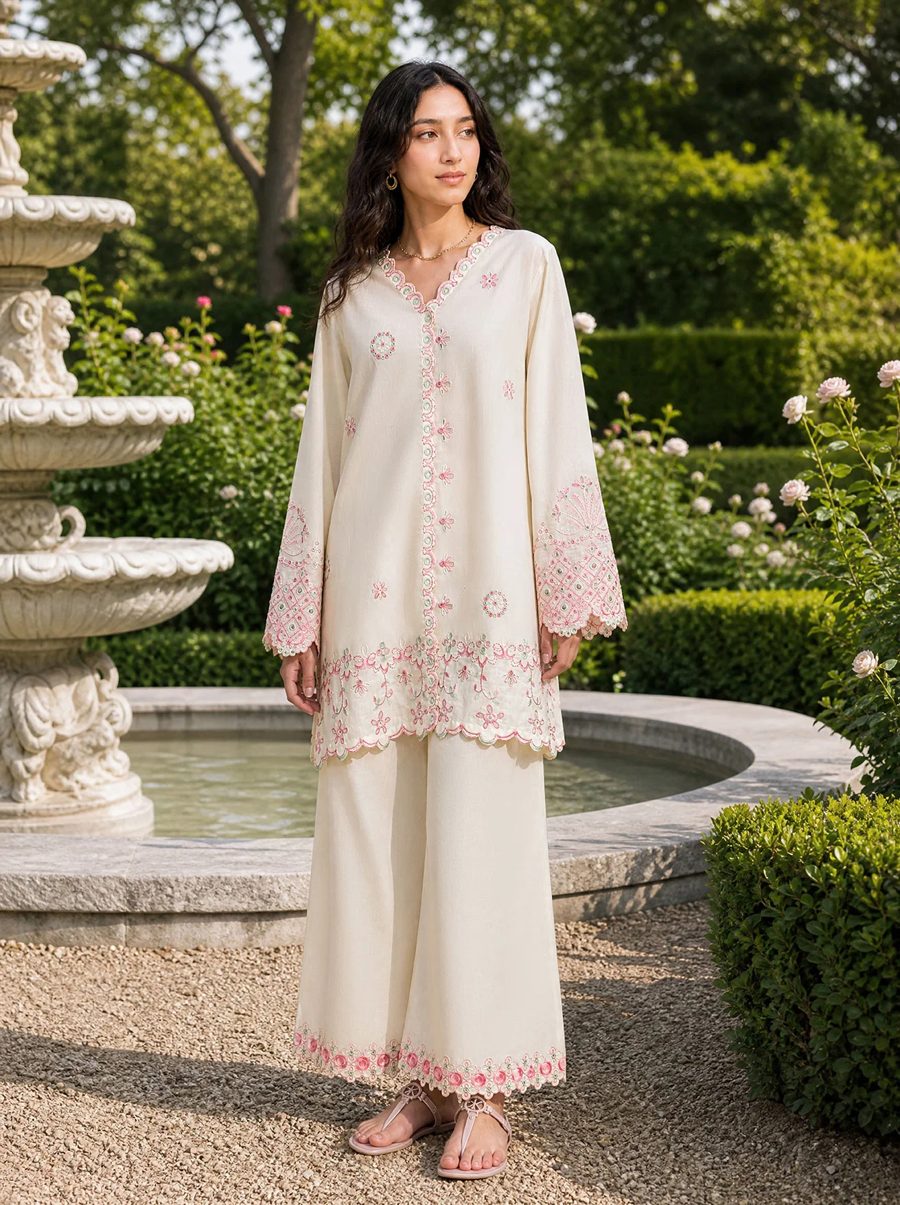 DHANAK SS26DC-2625 OFF WHITE 2PCS EMBROIDERED KURTA WITH TROUSER