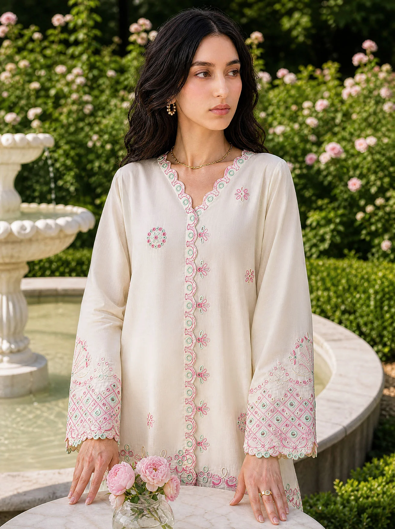 DHANAK SS26DC-2625 OFF WHITE 2PCS EMBROIDERED KURTA WITH TROUSER