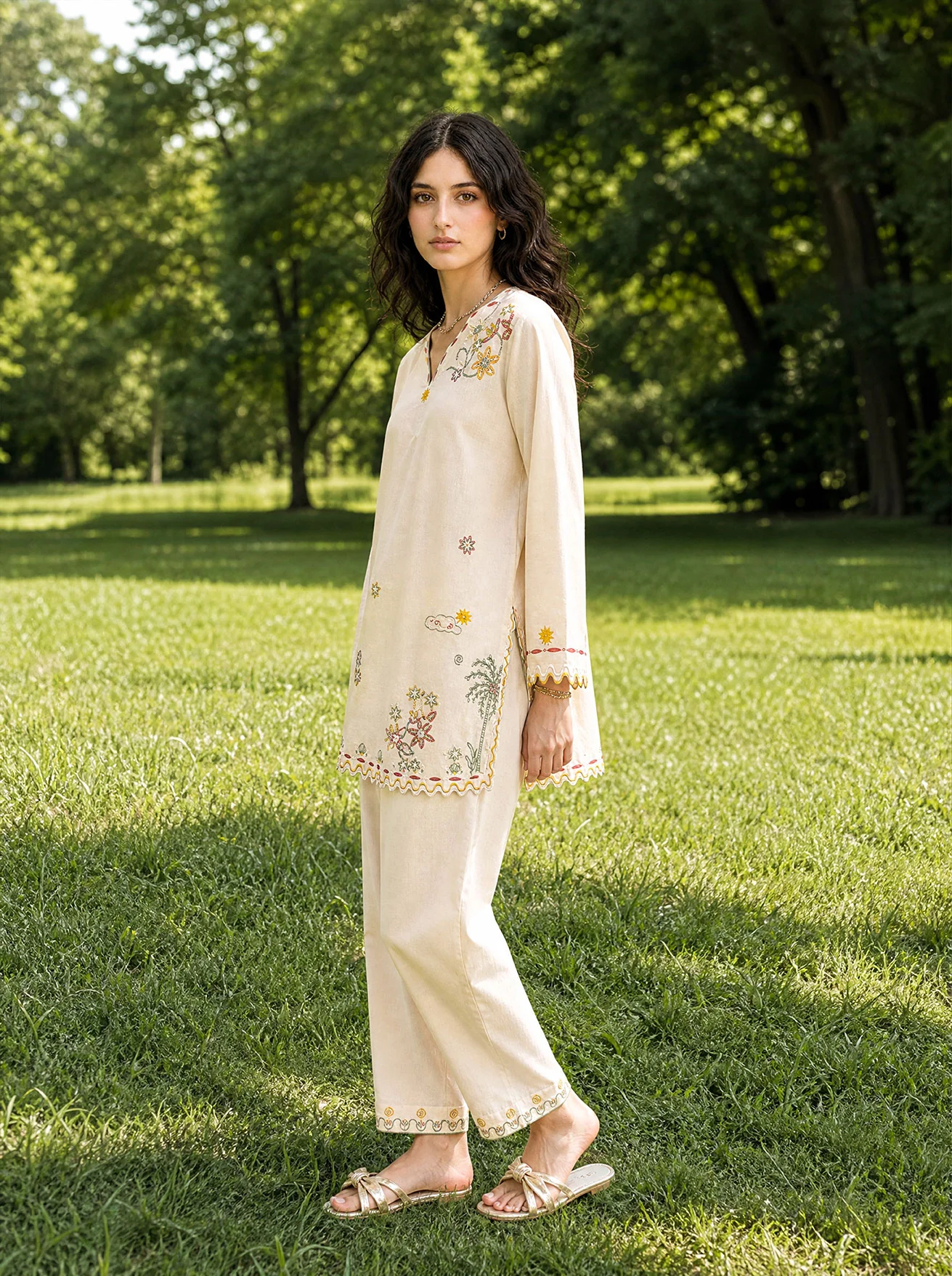 DHANAK SS26DC-2622 CREAM 2PCS EMBROIDERED KURTA WITH TROUSER