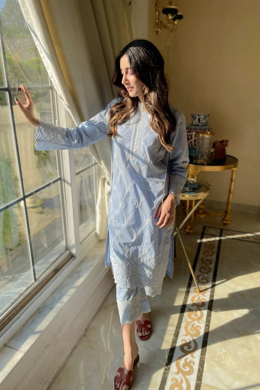 ICE BLUE SCHIFFLI CO-ORD SET