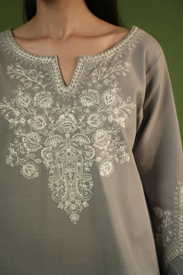 ZAIB NEUTRAL GREY EMBROIDERED TWO PIECE SET NPA2-23330