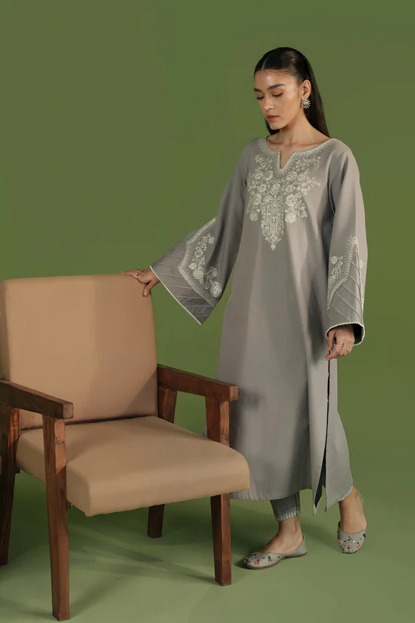 ZAIB NEUTRAL GREY EMBROIDERED TWO PIECE SET NPA2-23330