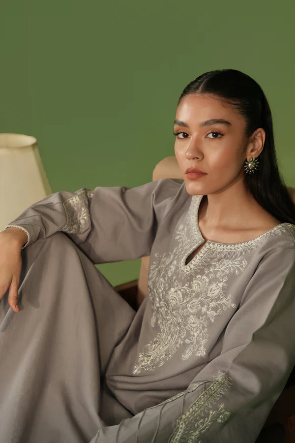 ZAIB NEUTRAL GREY EMBROIDERED TWO PIECE SET NPA2-23330