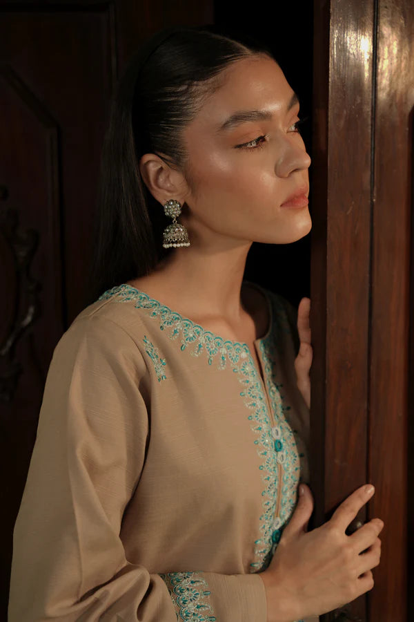ZAIB FALL CAMEL BEIGE EMBROIDERED TWO PIECE SET NPA2-23333