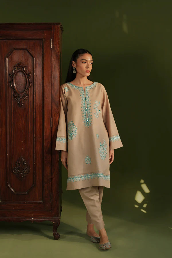 ZAIB FALL CAMEL BEIGE EMBROIDERED TWO PIECE SET NPA2-23333