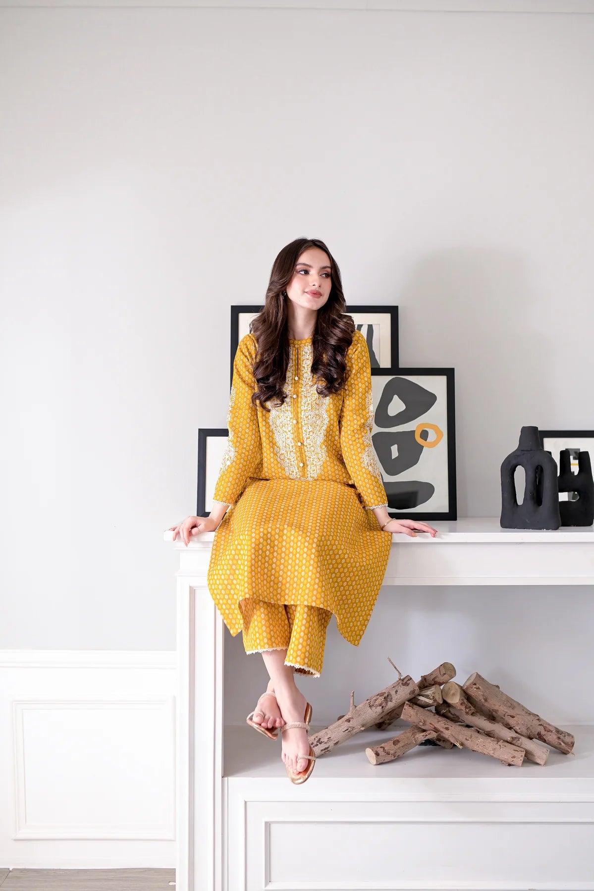 MUSTARD EMBROIDERED FALL SET NPA2-23334