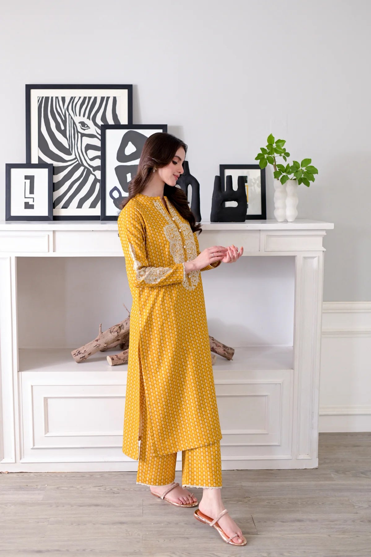 MUSTARD EMBROIDERED FALL SET NPA2-23334