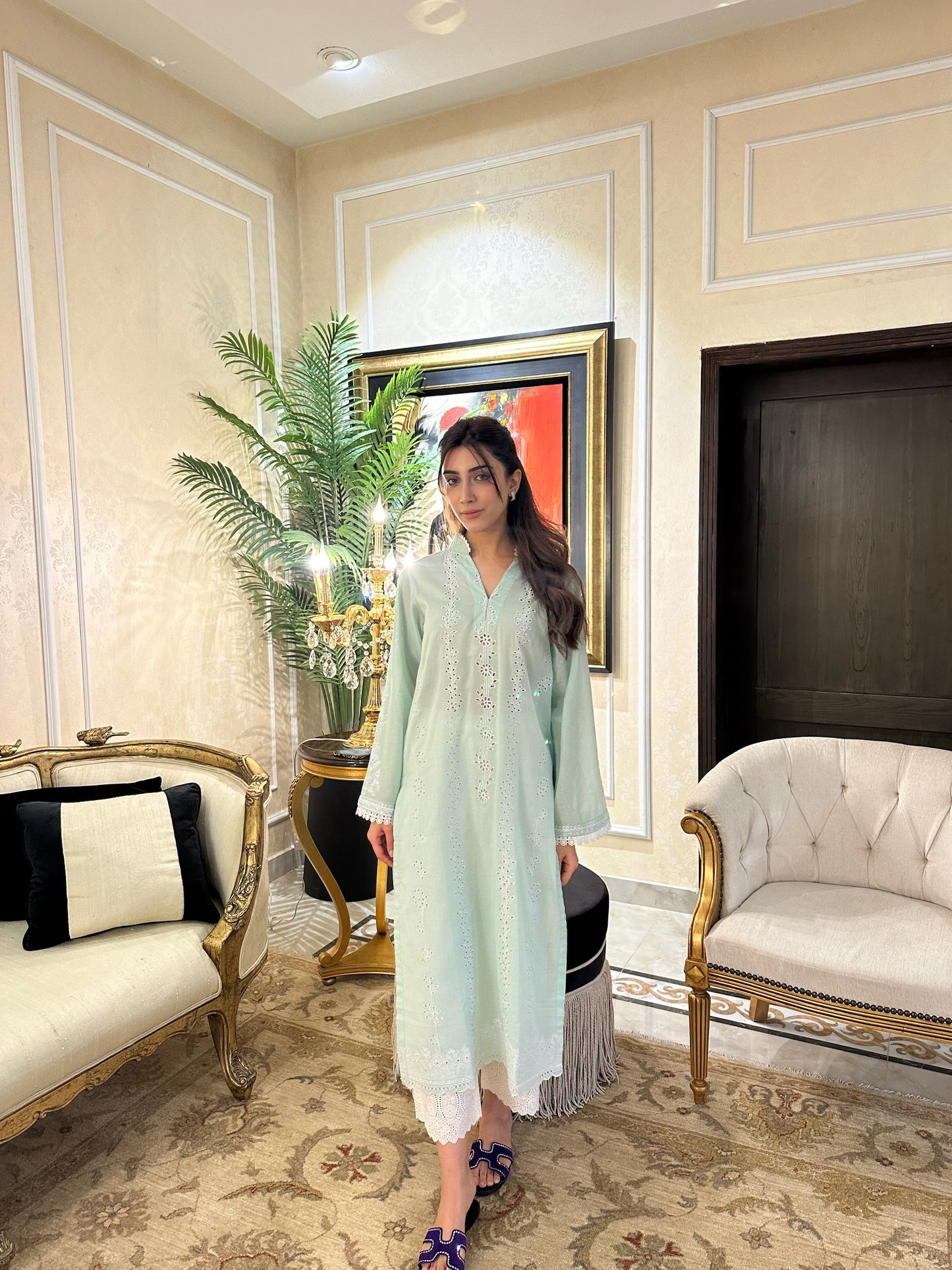 WHITE LILY - SAGE GREEN SCHIFFLI KURTA