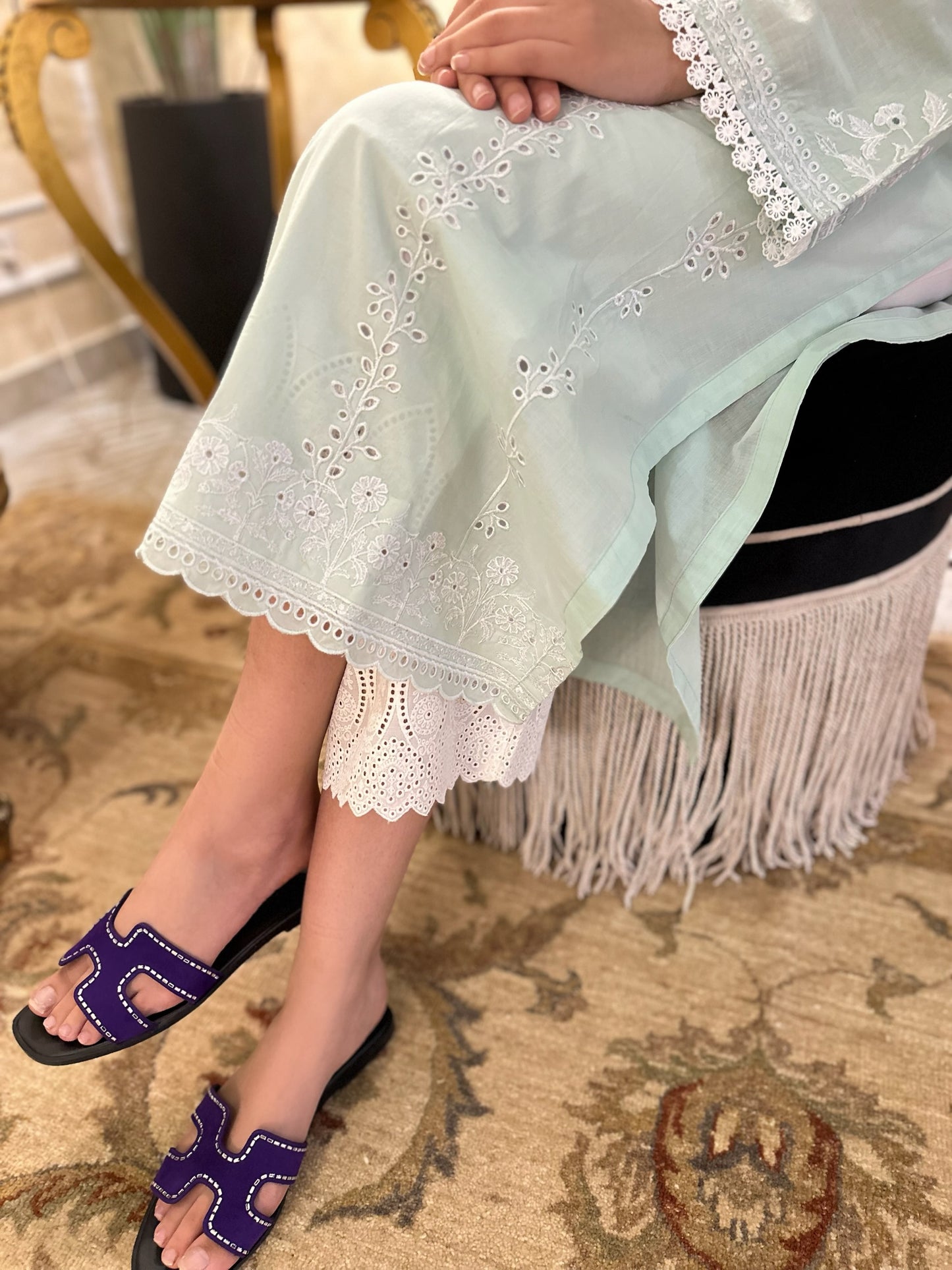 WHITE LILY - SAGE GREEN SCHIFFLI KURTA