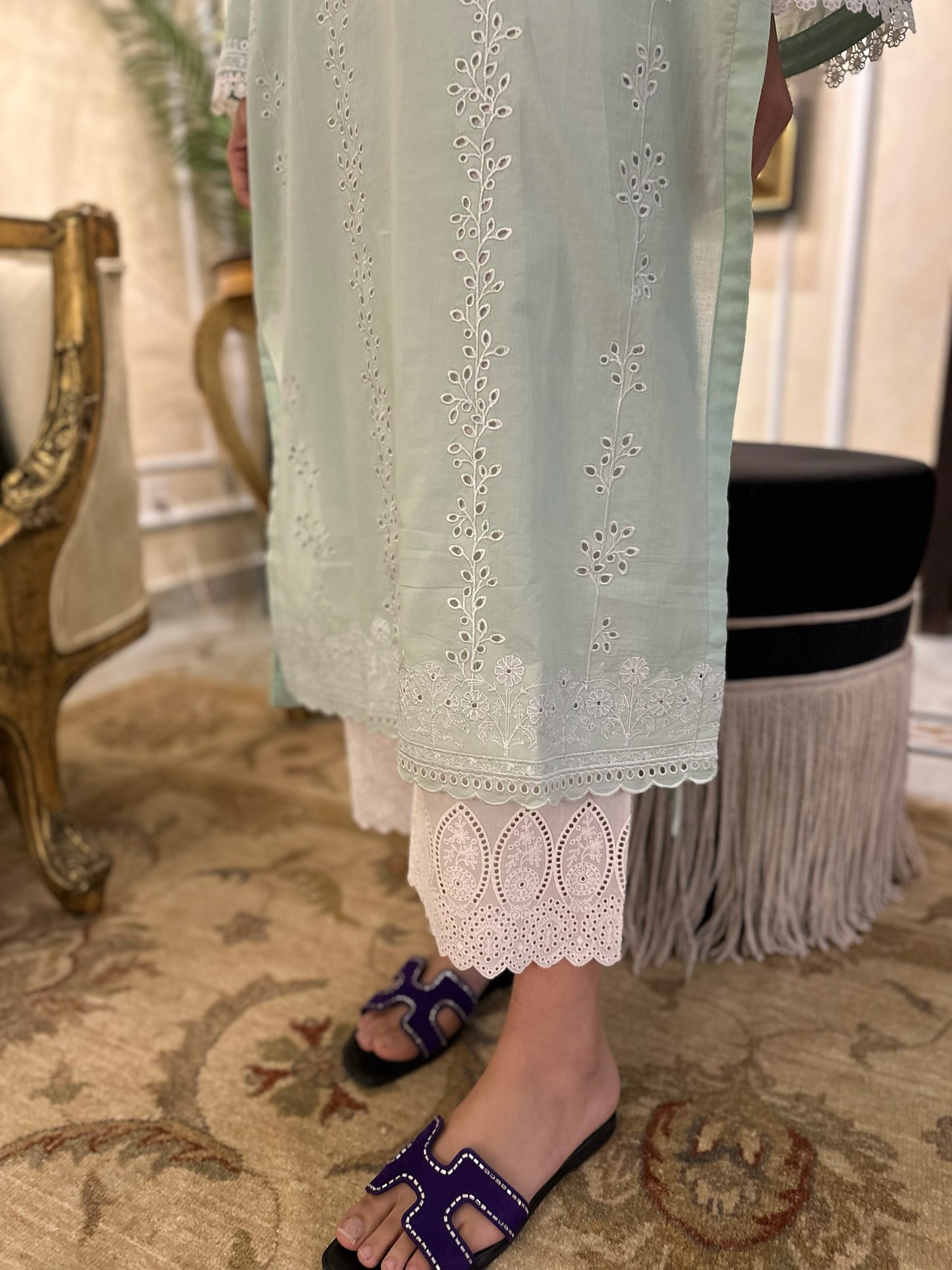 WHITE LILY - SAGE GREEN SCHIFFLI KURTA