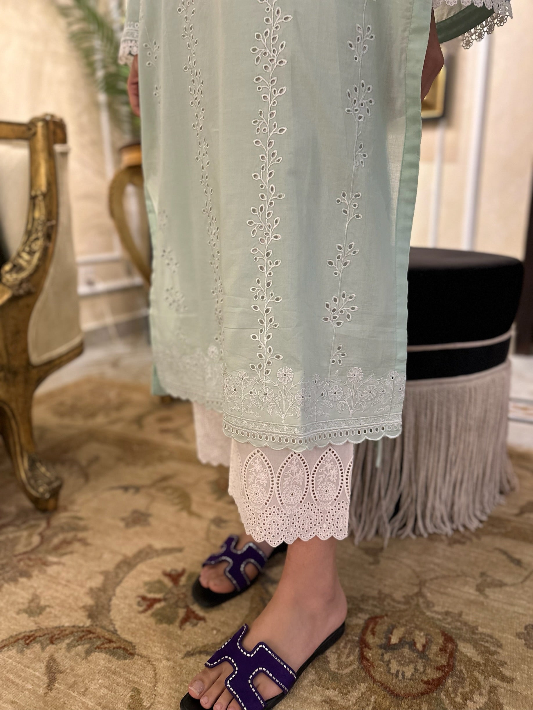 WHITE LILY - SAGE GREEN SCHIFFLI KURTA