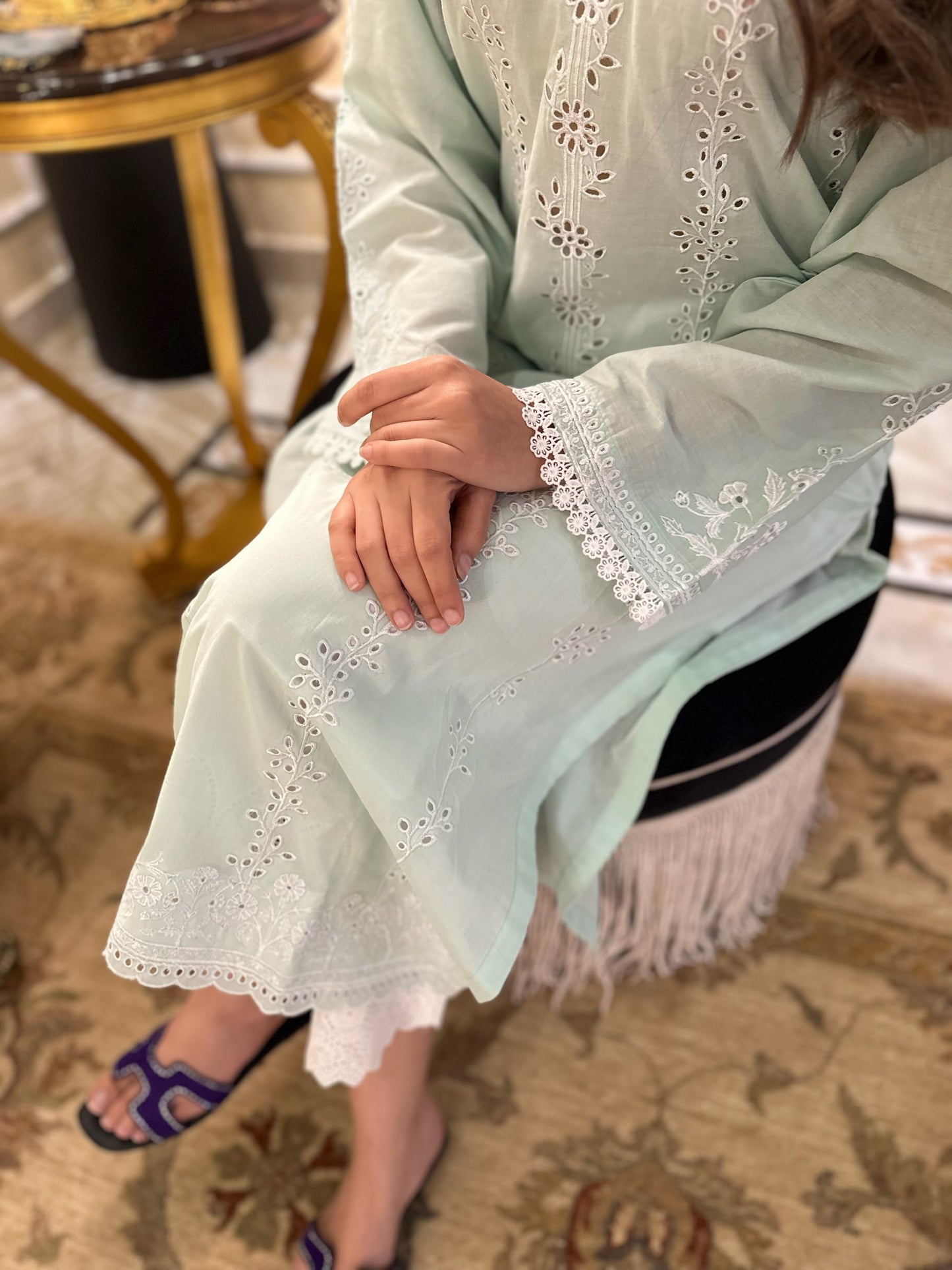 WHITE LILY - SAGE GREEN SCHIFFLI KURTA