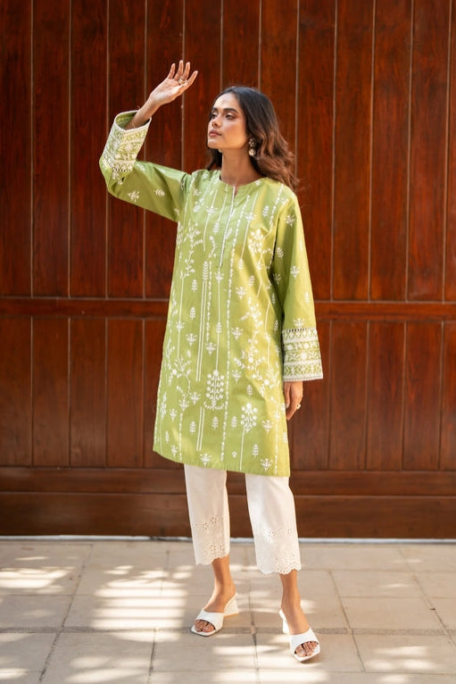 OLIVE GREEN EMBROIDERED KURTA