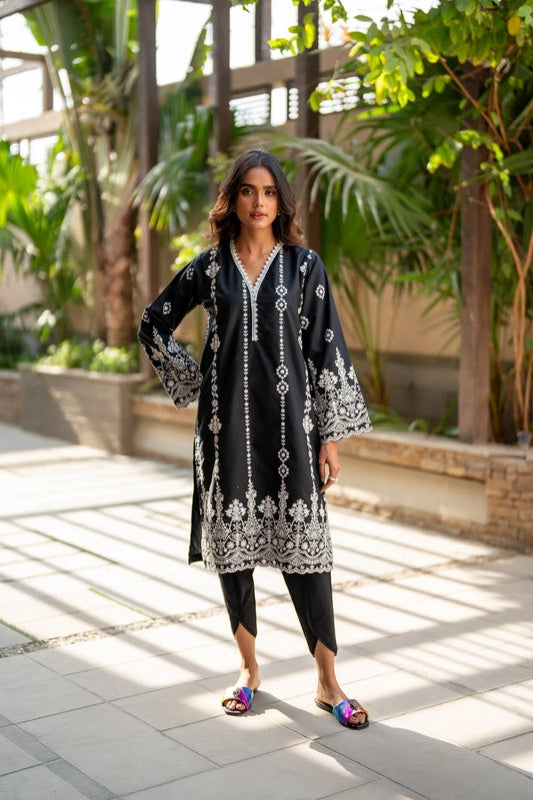 BLACK SCHIFFLI EMBROIDERED KURTA