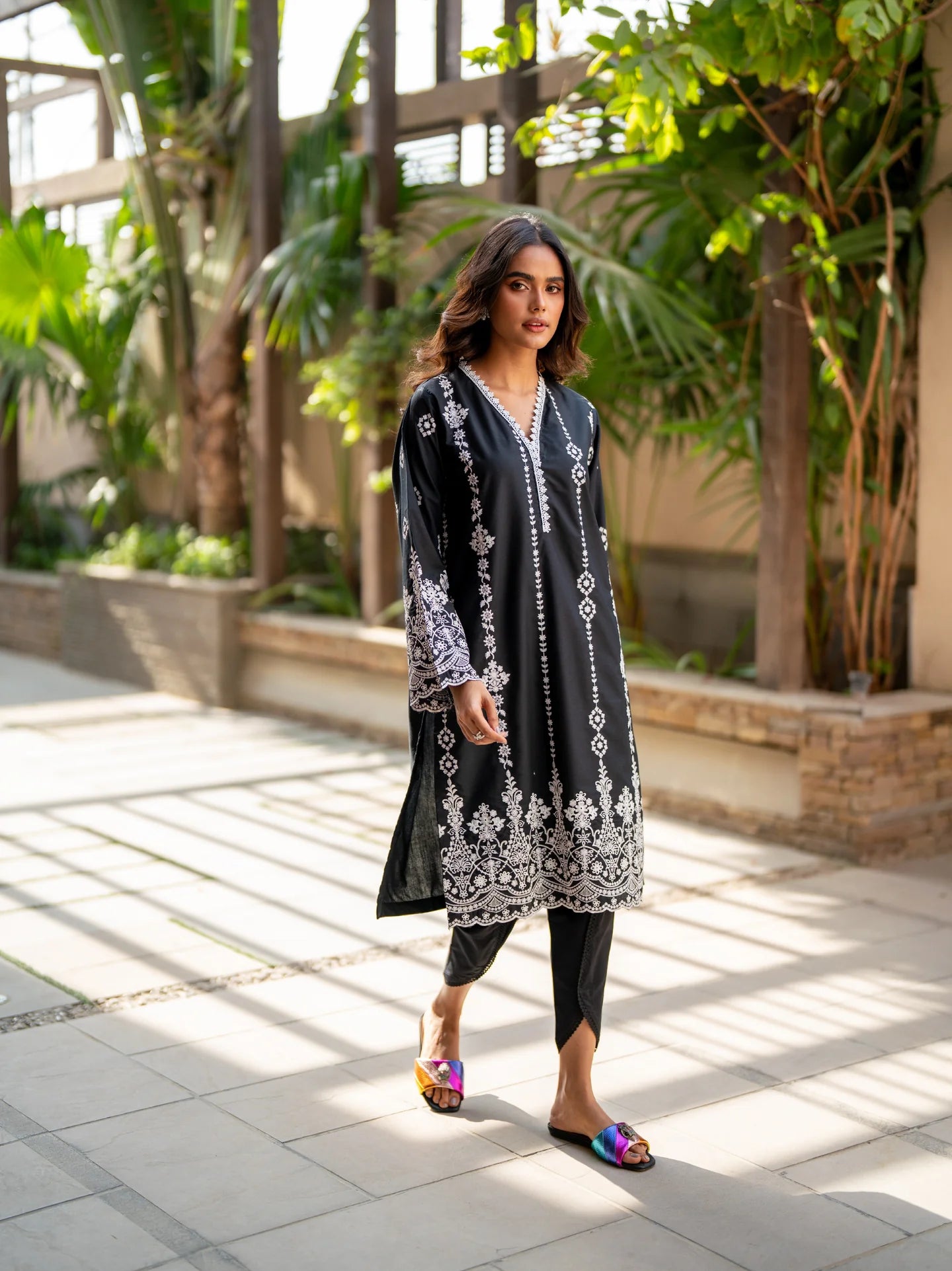 BLACK SCHIFFLI EMBROIDERED KURTA