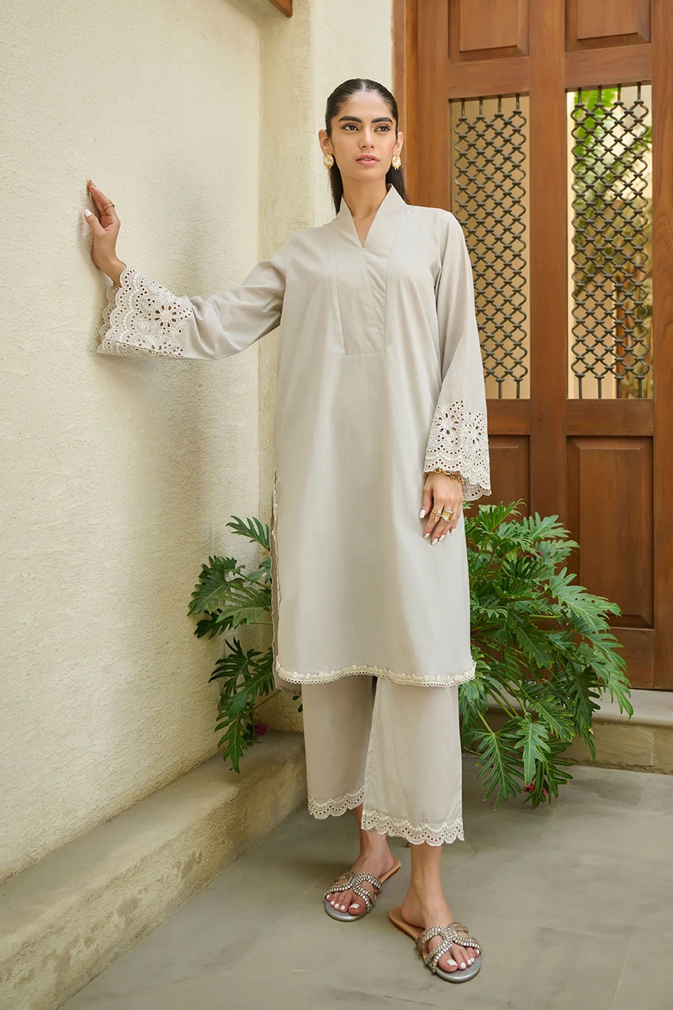 DHANAK SOLIDS | DC-2168 GREY 2PCS EMBROIDERED KURTA WITH TROUSER