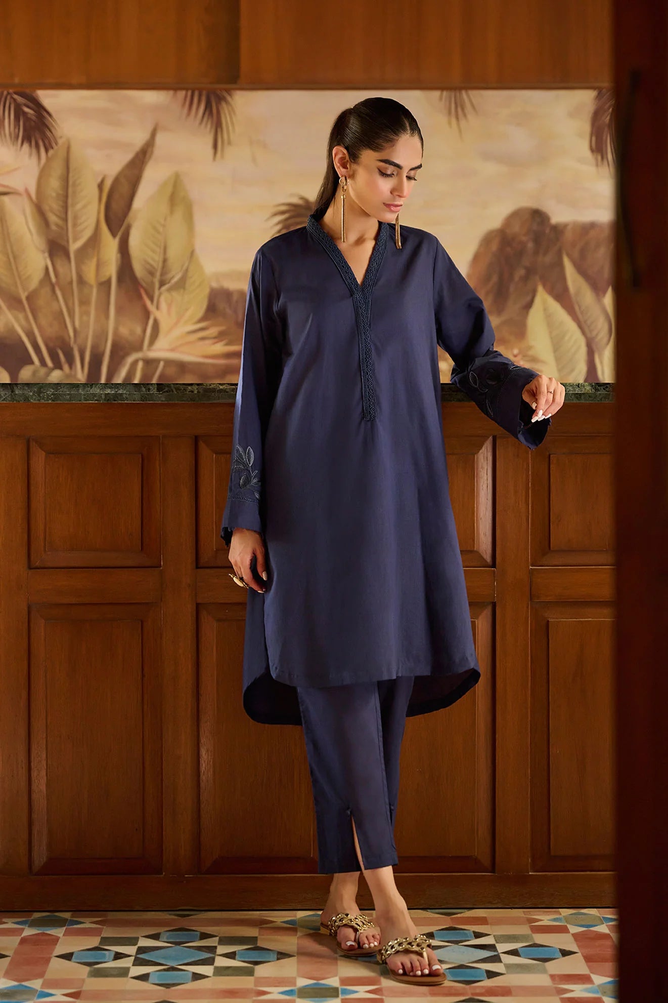 DHANAK SOLIDS | DC-2172 NAVY BLUE 2PCS EMBROIDERED KURTA WITH TROUSER
