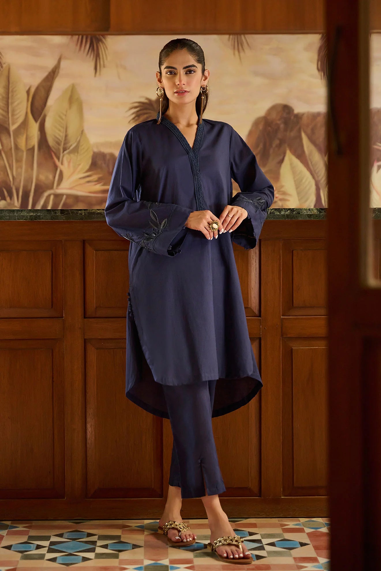 DHANAK SOLIDS | DC-2172 NAVY BLUE 2PCS EMBROIDERED KURTA WITH TROUSER