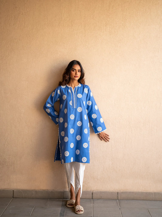 AZURE BLUE SCHIFFLI EMBROIDERED KURTA