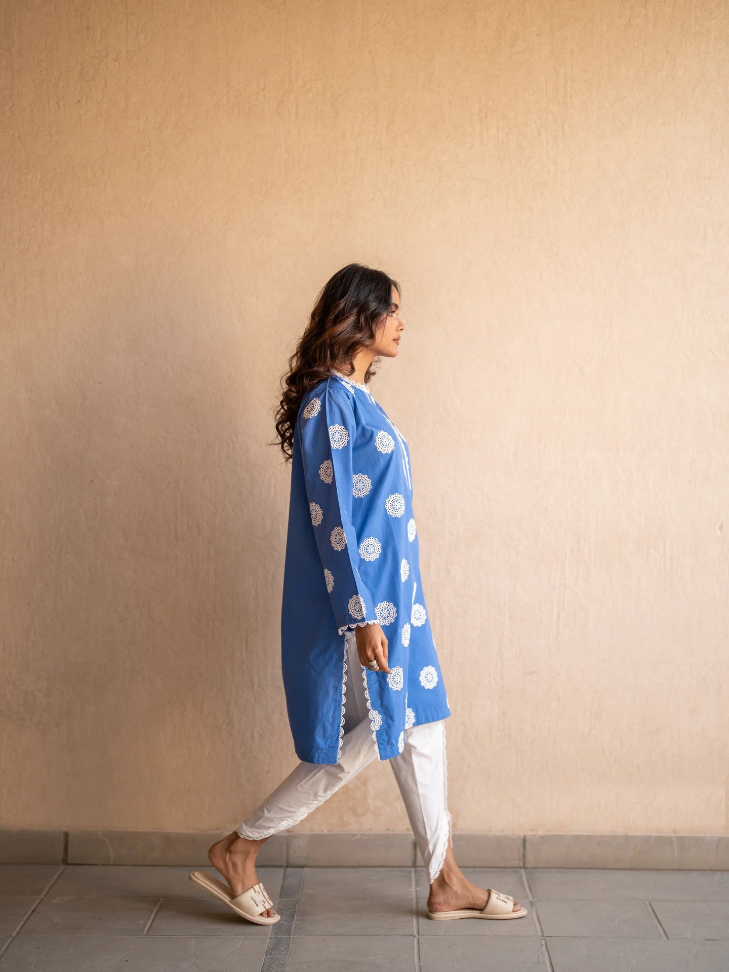 AZURE BLUE SCHIFFLI EMBROIDERED KURTA