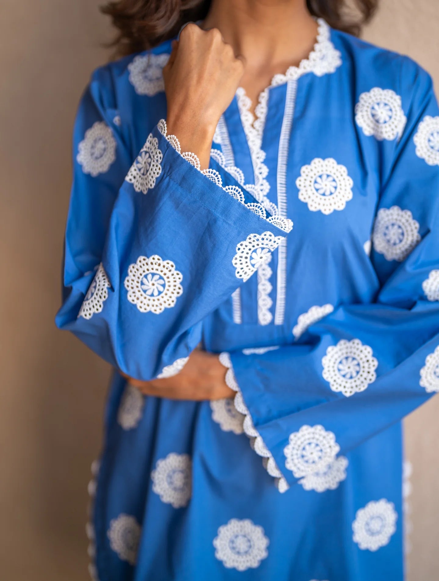 AZURE BLUE SCHIFFLI EMBROIDERED KURTA