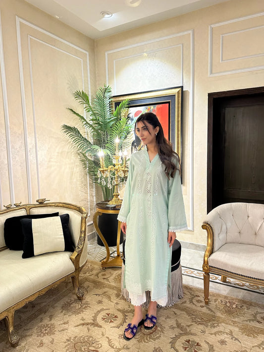 WHITE LILY - SAGE GREEN SCHIFFLI KURTA
