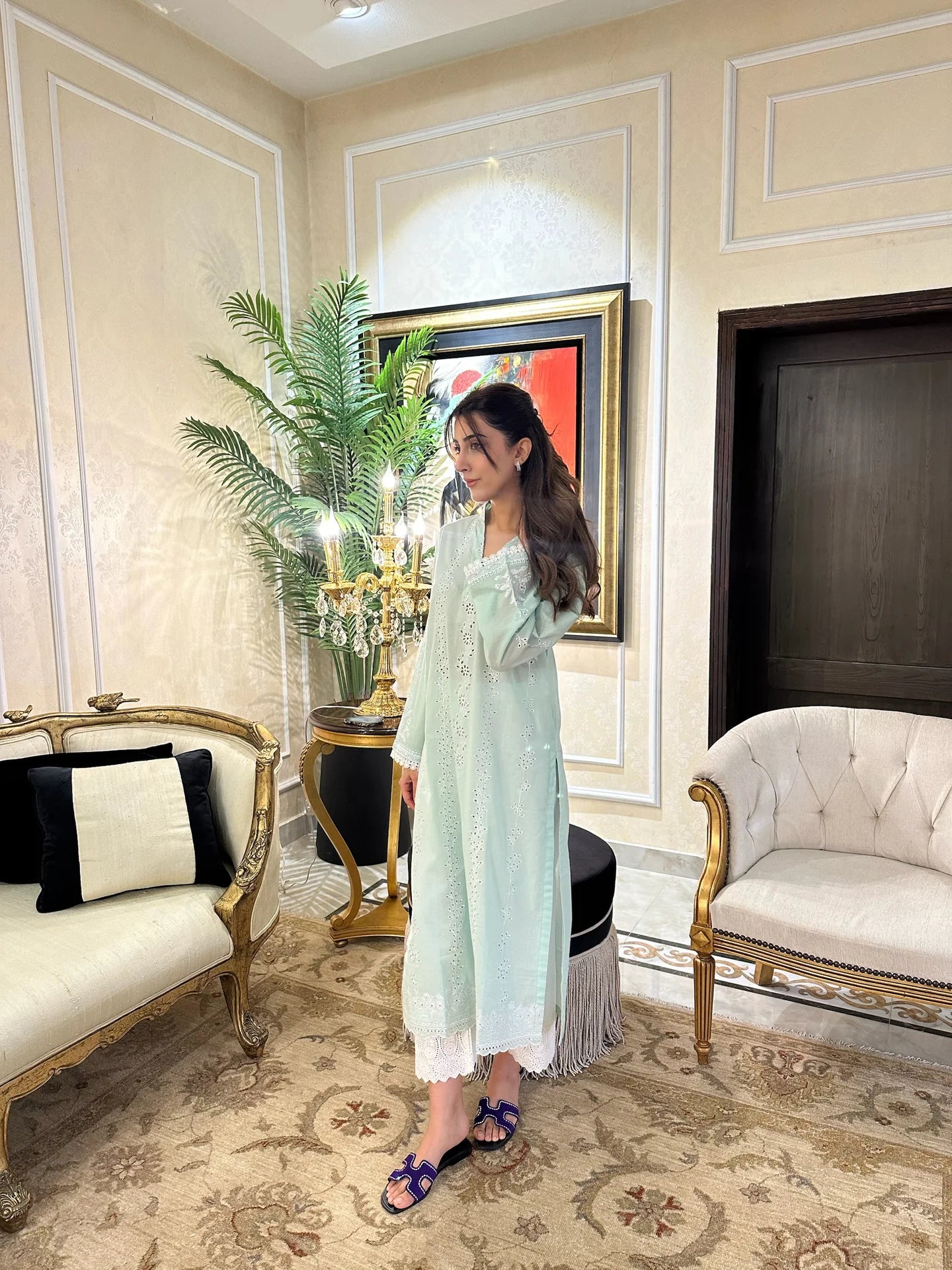 WHITE LILY - SAGE GREEN SCHIFFLI KURTA