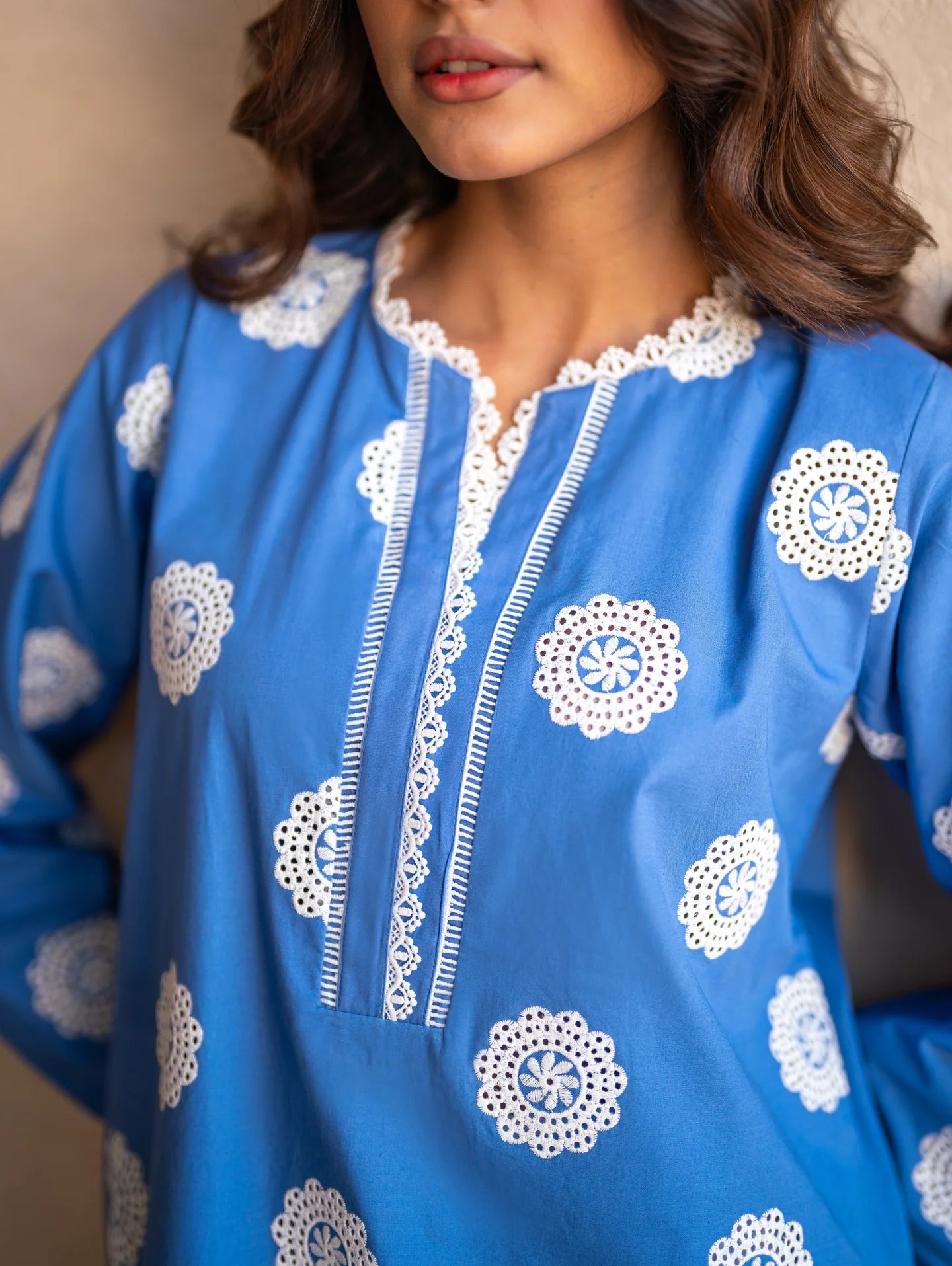 AZURE BLUE SCHIFFLI EMBROIDERED KURTA