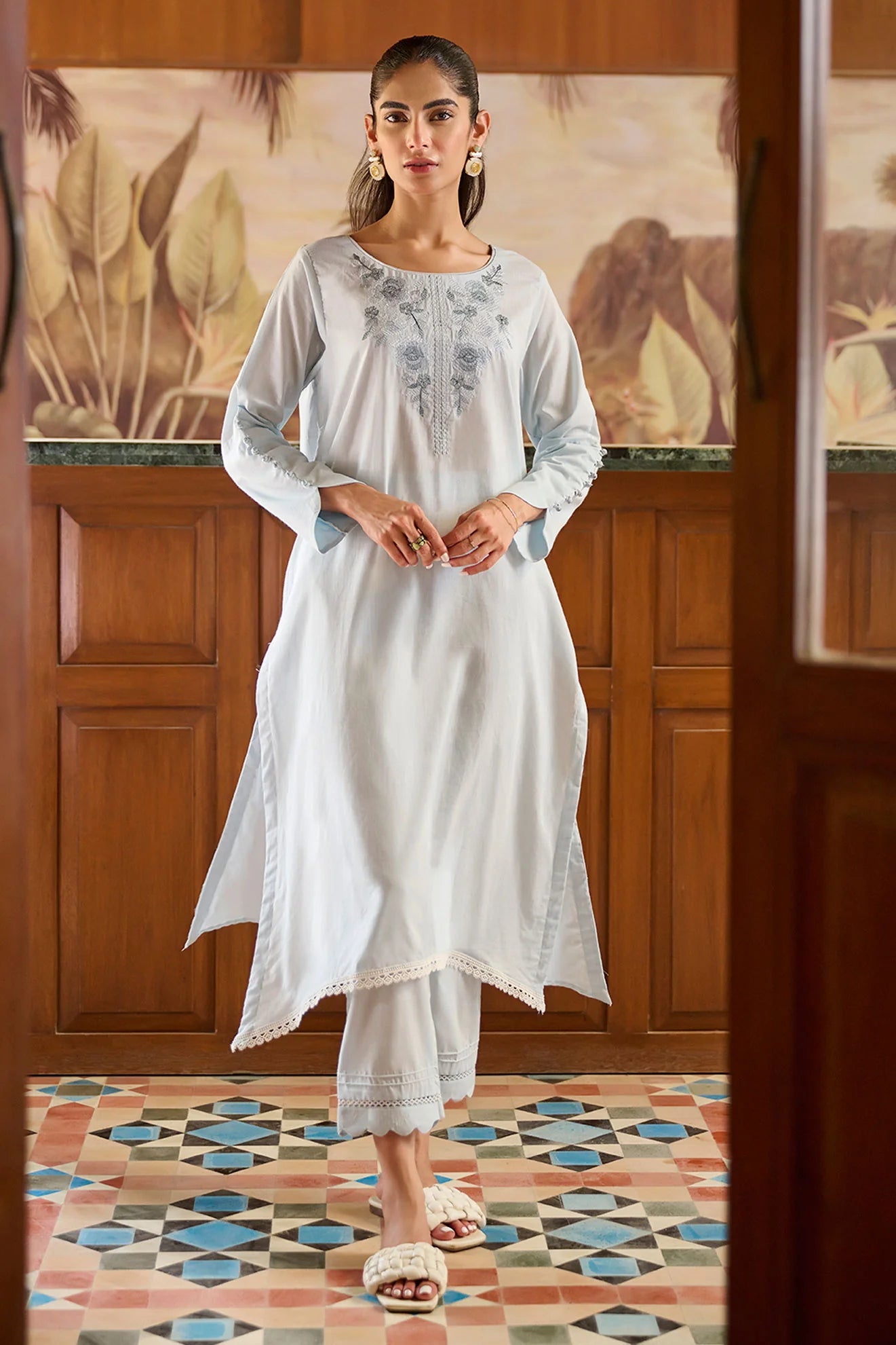 DHANAK SOLIDS | DC-2173 SKY BLUE 2PCS EMBROIDERED KURTA WITH TROUSER