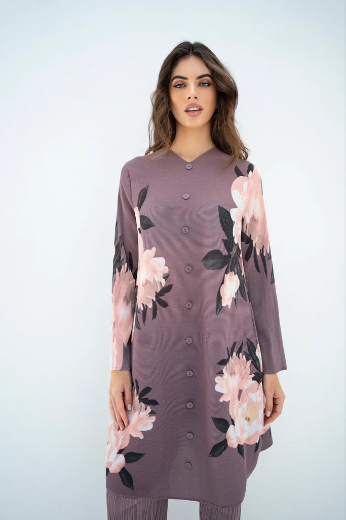 Hassal Pleated Haya Purple Set With Capri Pants