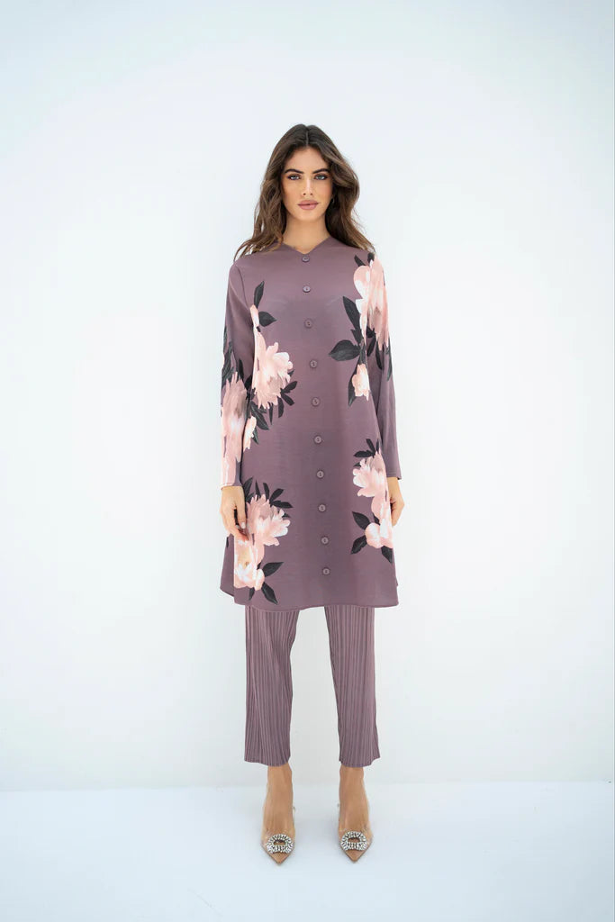 Hassal Pleated Haya Purple Set With Capri Pants